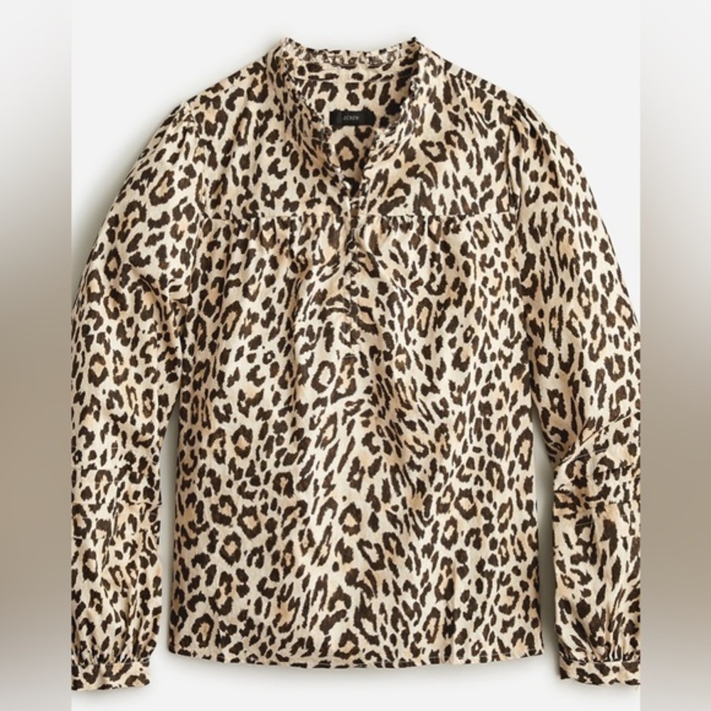 J Crew Button Ruffleneck Popover Leopard Print Top BL084
